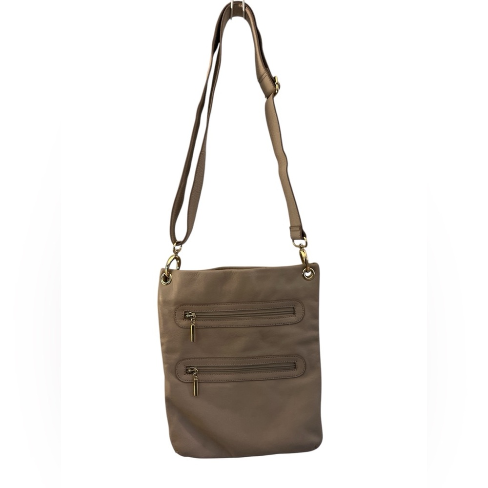 Margot Crossbody Double Zip Bag Beige Slim Soft Leather Purse Removeable Straps